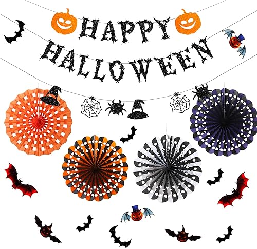 Yunison Kit de decoración de abanico de papel de Halloween de 12 piezas, abanicos de papel para colgar en el techo, pancarta de fiesta de calabaza