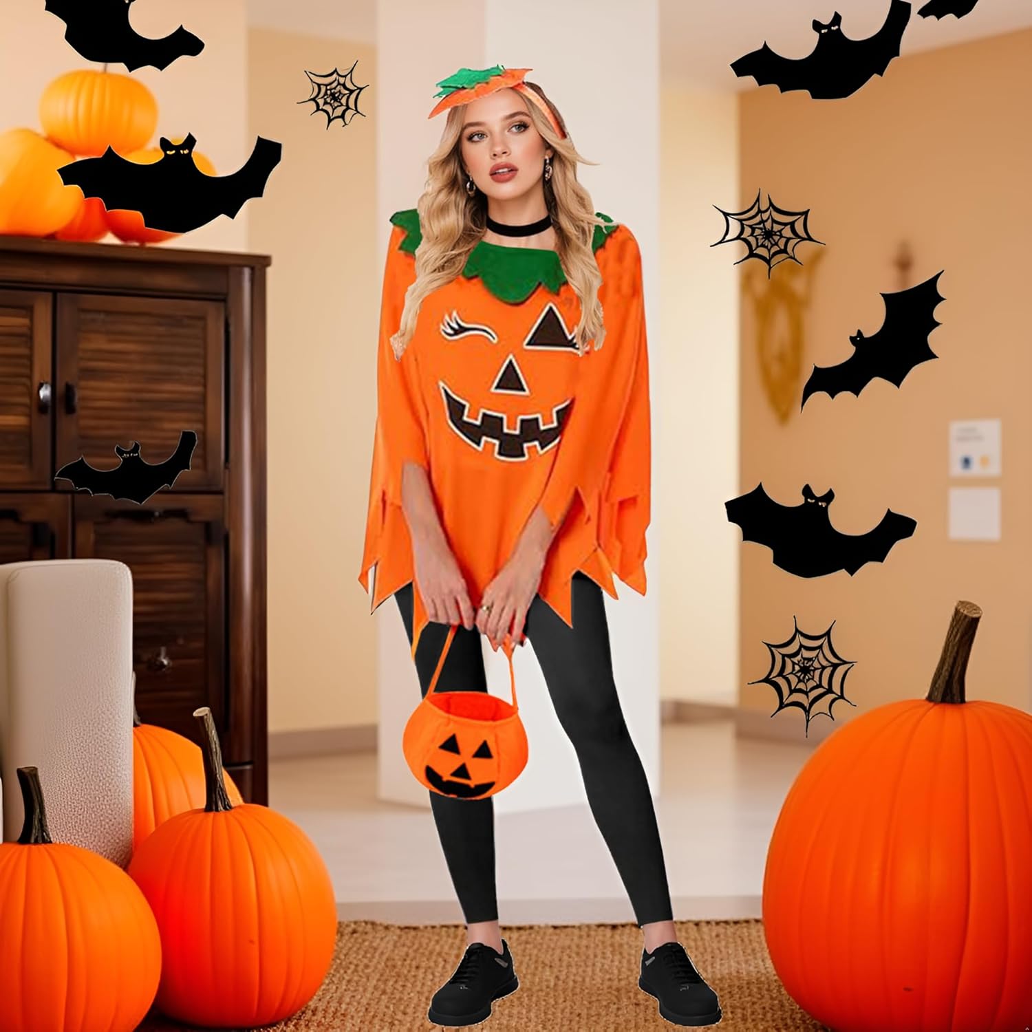 3PCS Pumpkin Costume for Women Adults - Halloween Pumpkin Poncho with Headband & Candy Bag | Ghost Hippie Cape,Glow in The Dark Cosplay Party Cloak Outfit - Image 7