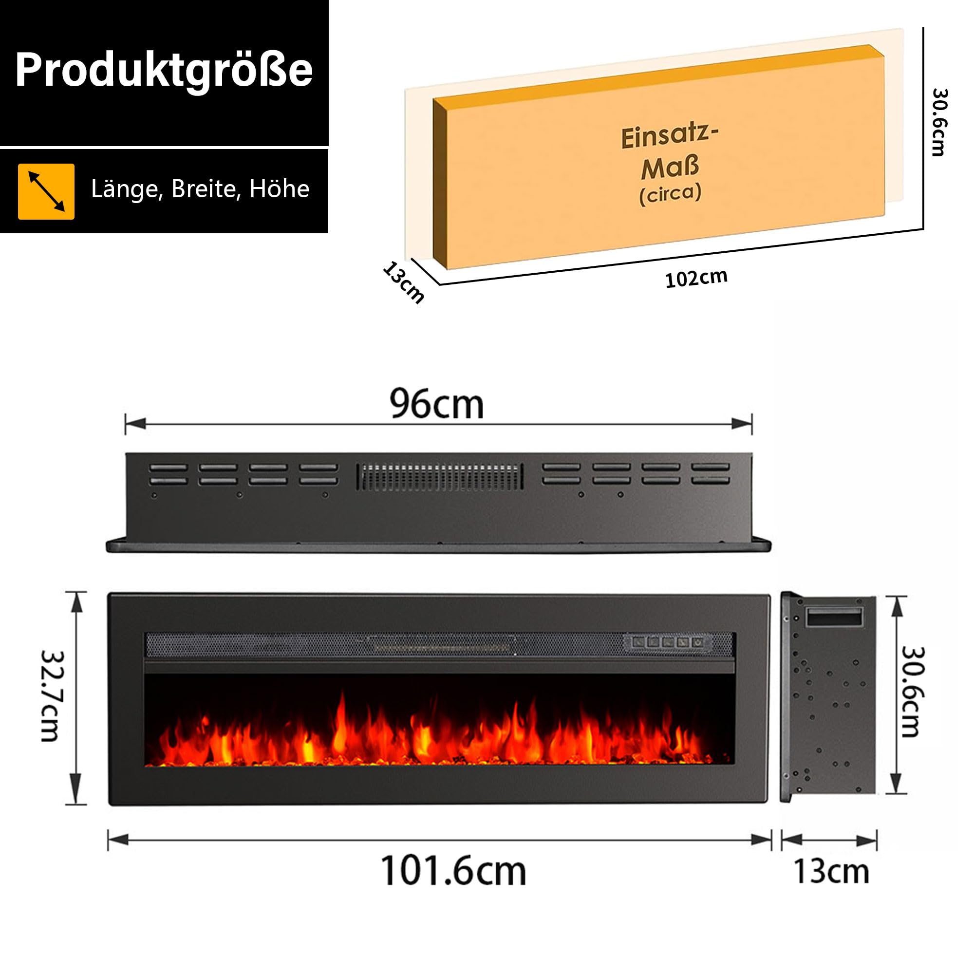 Elektrischer Kamin, an der Wand montiert/vertieft/frei stehend 40 Zoll Raumheizung mit Fernbedienung einstellbare Flammen Farben Touch Screen Energieeinsparung