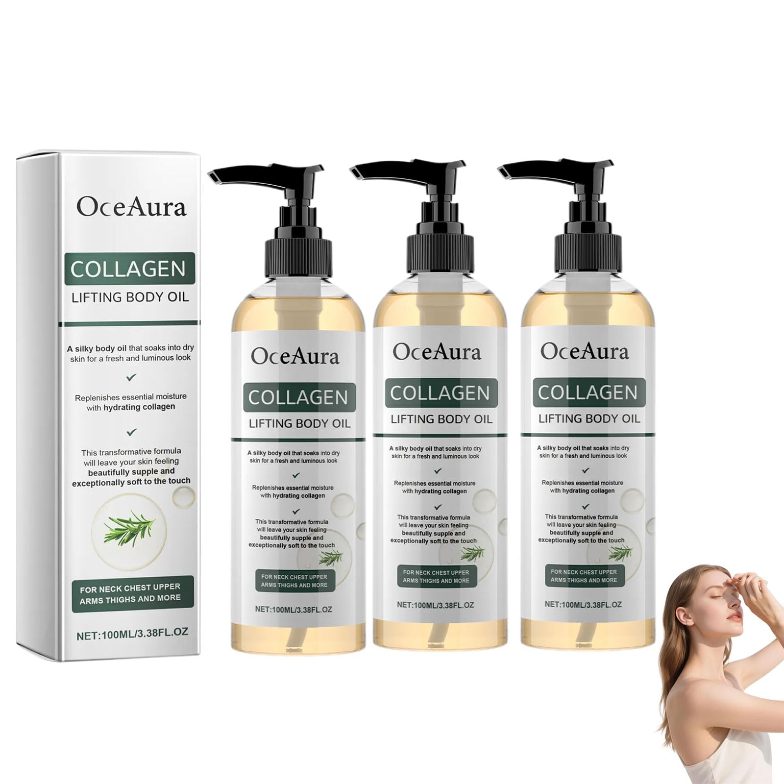 OceAura colageno aceite corporal, OceAura aceite corporal reafirmante - 100ml, Corporal Nutritivo, Arrugas Y Estrías En Cuello, Pecho, Brazos (1 botella) — view 8