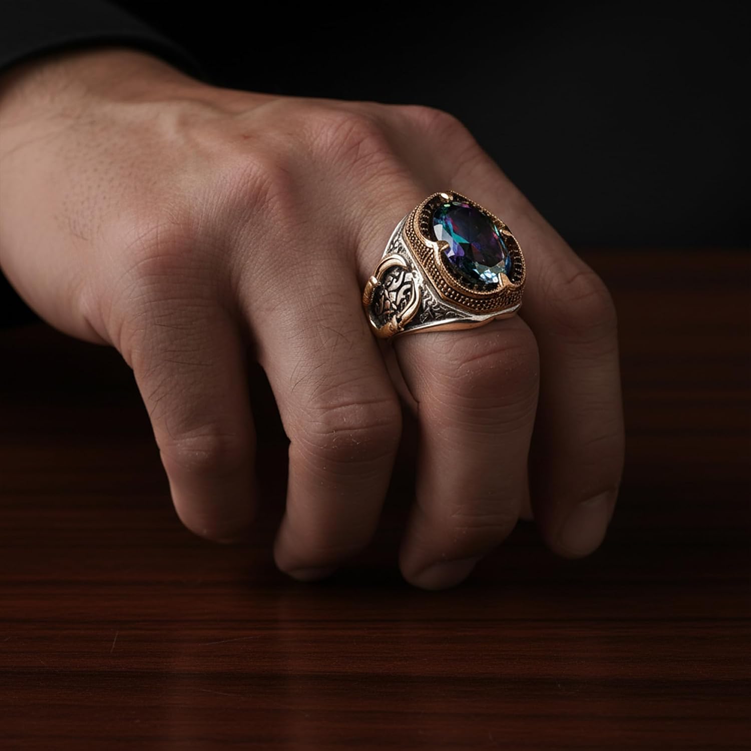 David Black Men's Mystic Topaz Ring, 925 Sterling Silver - Large Oval Multicolor Gemstone Statement Signet Ring, Vintage Engraved Band, Bold Cocktail Ring for Men
