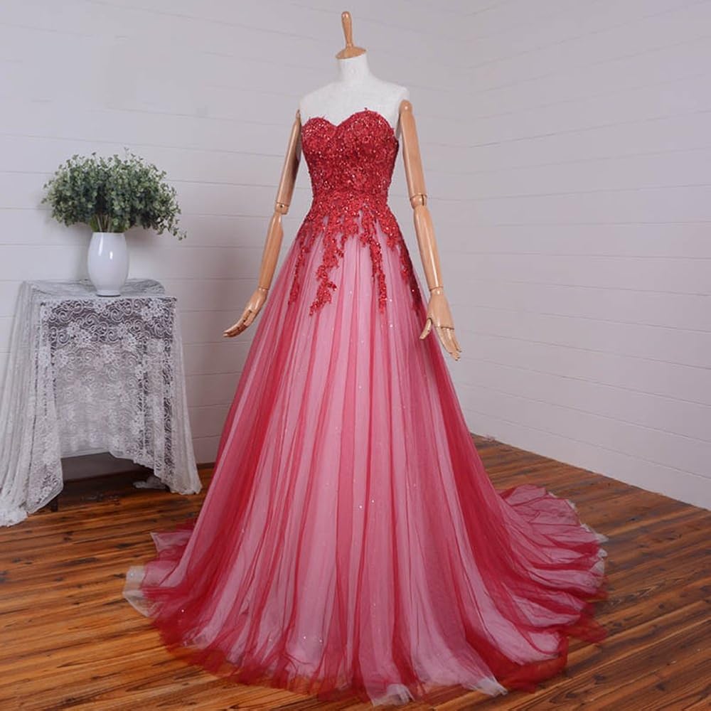 Amazon.com: Kivary Sweetheart Gothic Champagne and Red Beaded Formal A Line  Long Corset Lace Prom Evening Dresses US2 : Clothing, Shoes & Jewelry