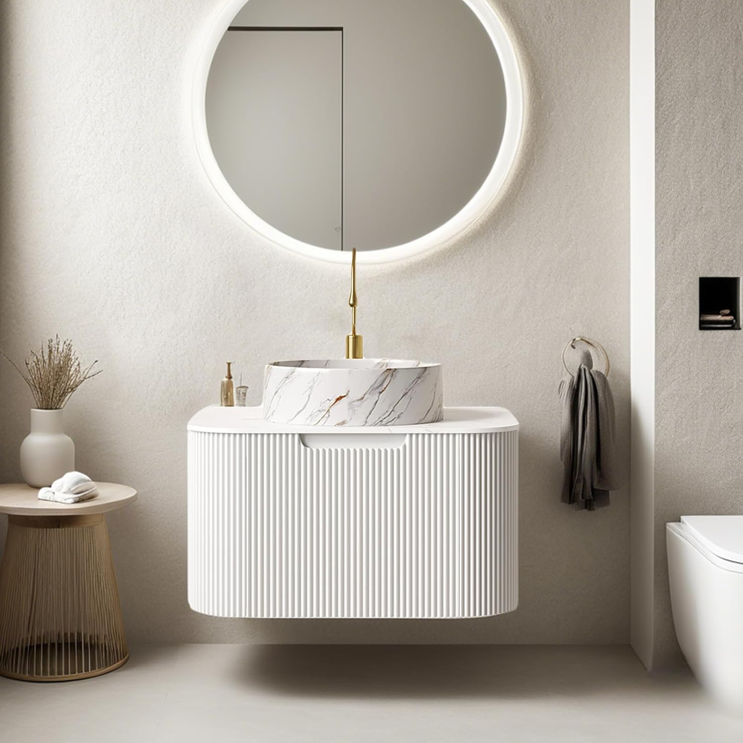 24" Floating Bathroom Vanity with Sink, Modern Bathroom Cabinet with Ultra-Thin Ceramic Basin and Marble Top, Extra Large Storage Drawer, Soft-Close Design, White