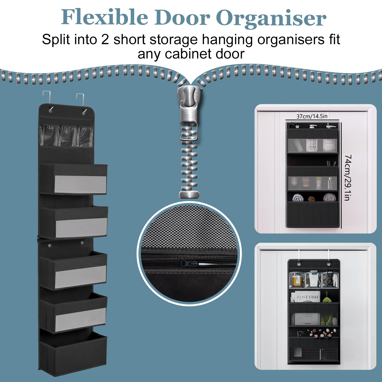 Organizador Colgante Extraíble con 5 Capas y 4 Ganchos - Tela para Colgar en Puerta - para Dormitorios y Habitaciones Infantiles, Negro