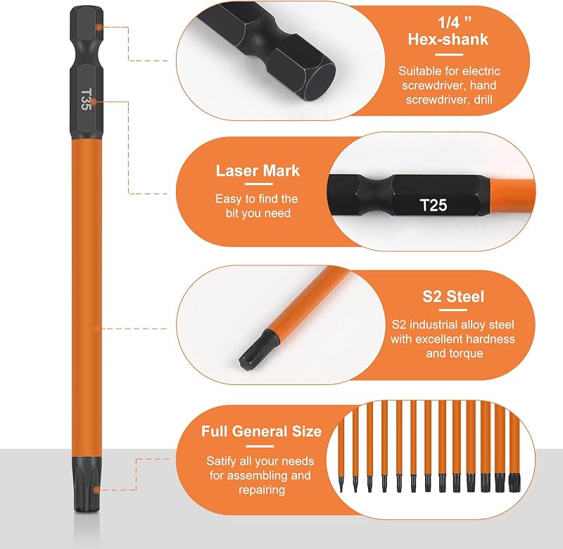 efuturetime 13 darabos Torx csavarhúzó bit készlet 75mm, mágneses hosszú bitek T5-T40, S2 acél csavarbehajtó készlet