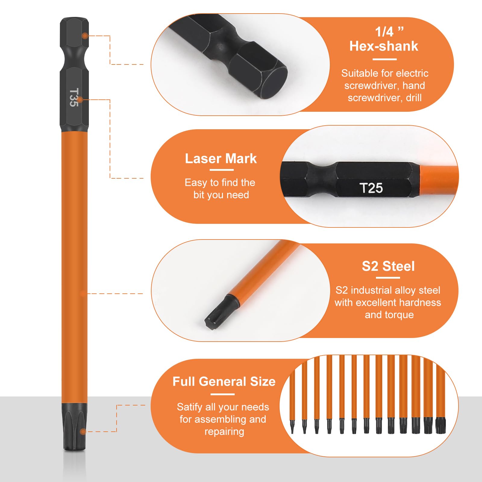EFUTURETIME Juego de Destornilladores Torx 100mm, T5 T6 T7 T8 T9 T10 T15 T20 T25 T27 T30 T35 T40, 13pcs Destornilladores Torx Largos Magnético con Atornillador Manual, Acero S2