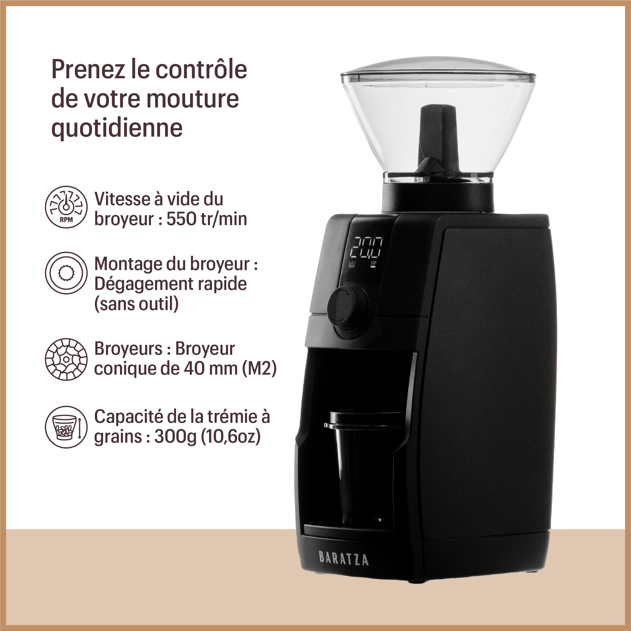 Baratza Encore ESP Pro Moulin à Café | Réglage en Continu, Technologie Antistatique, 2 Modes de Dosage, Trémie de 300 g, Meules Coniques de 40 mm, Facile à Nettoyer
