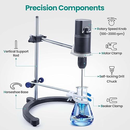 Miniatura 5 de Agitador de sobrecarga analógico de laboratorio, capacidad de 40 L, rango de velocidad de 100-2000 rpm, viscosidad máxima 10000 mpas, mezclador de