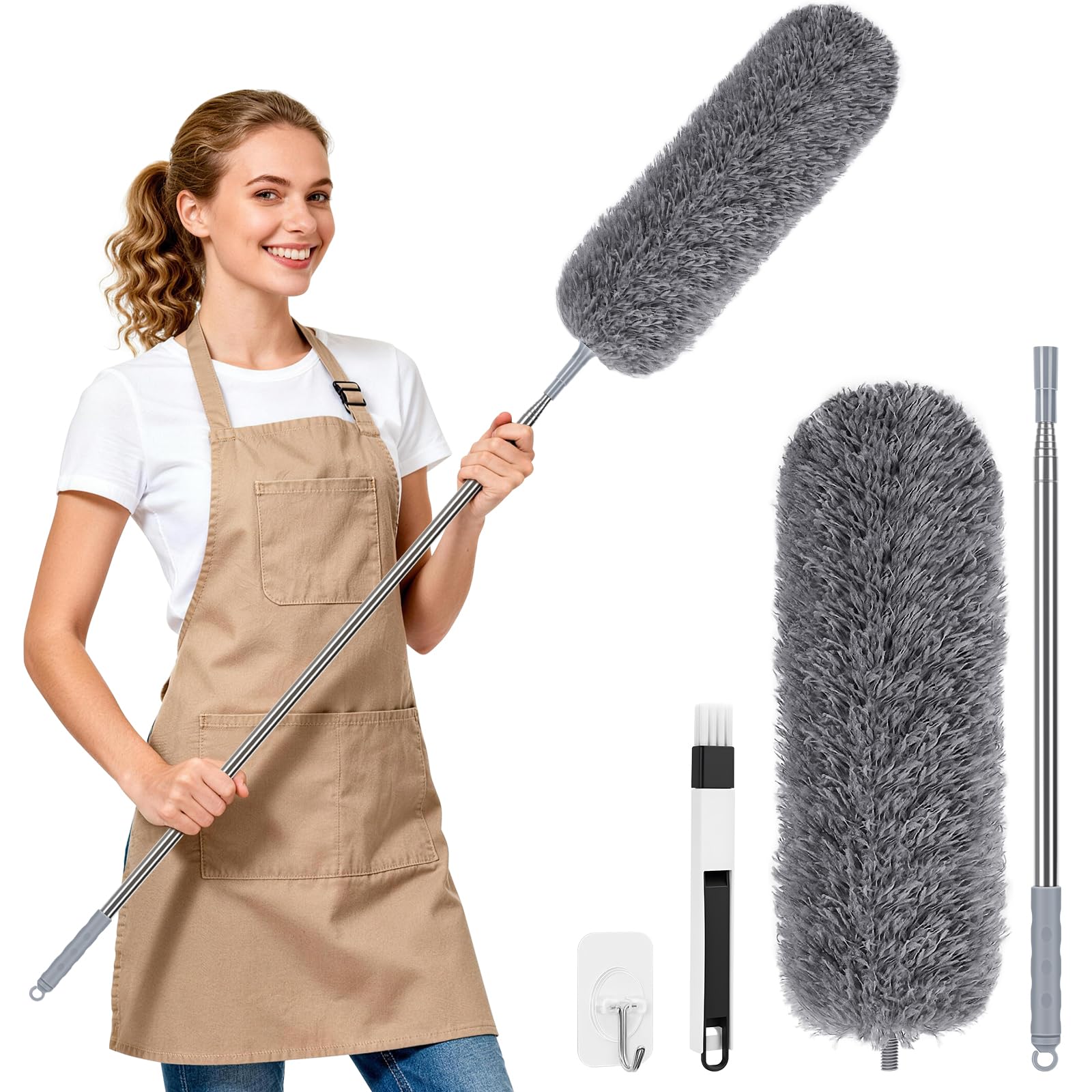 Extendable Feather Duster, Microfibre Dusters for Cleaning, Washable Long Handled Duster with 40-240 cm Telescopic Pole and Groove Brush, for High Ceilings, Household, Cars