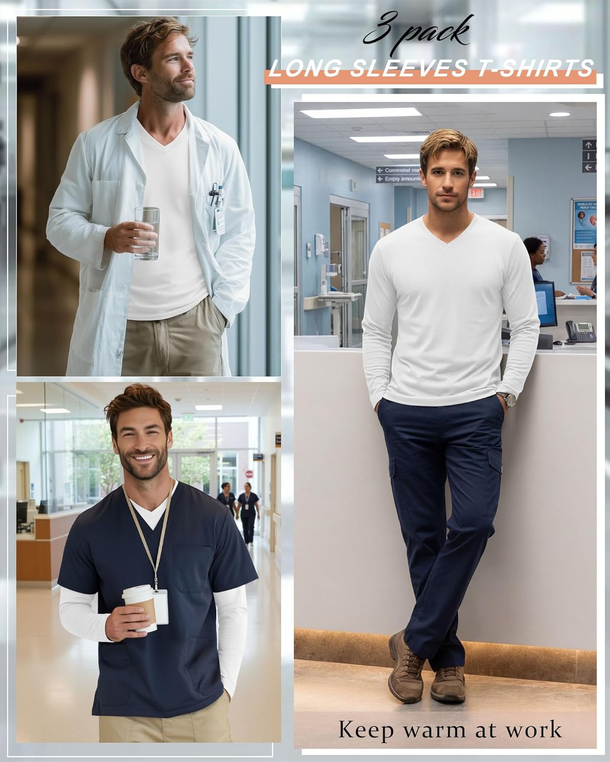 3 Pack Men's Big and Tall Undershirts Long Sleeve V Neck Shirts Base Layer Comfort Basic Tops Under Scrubs