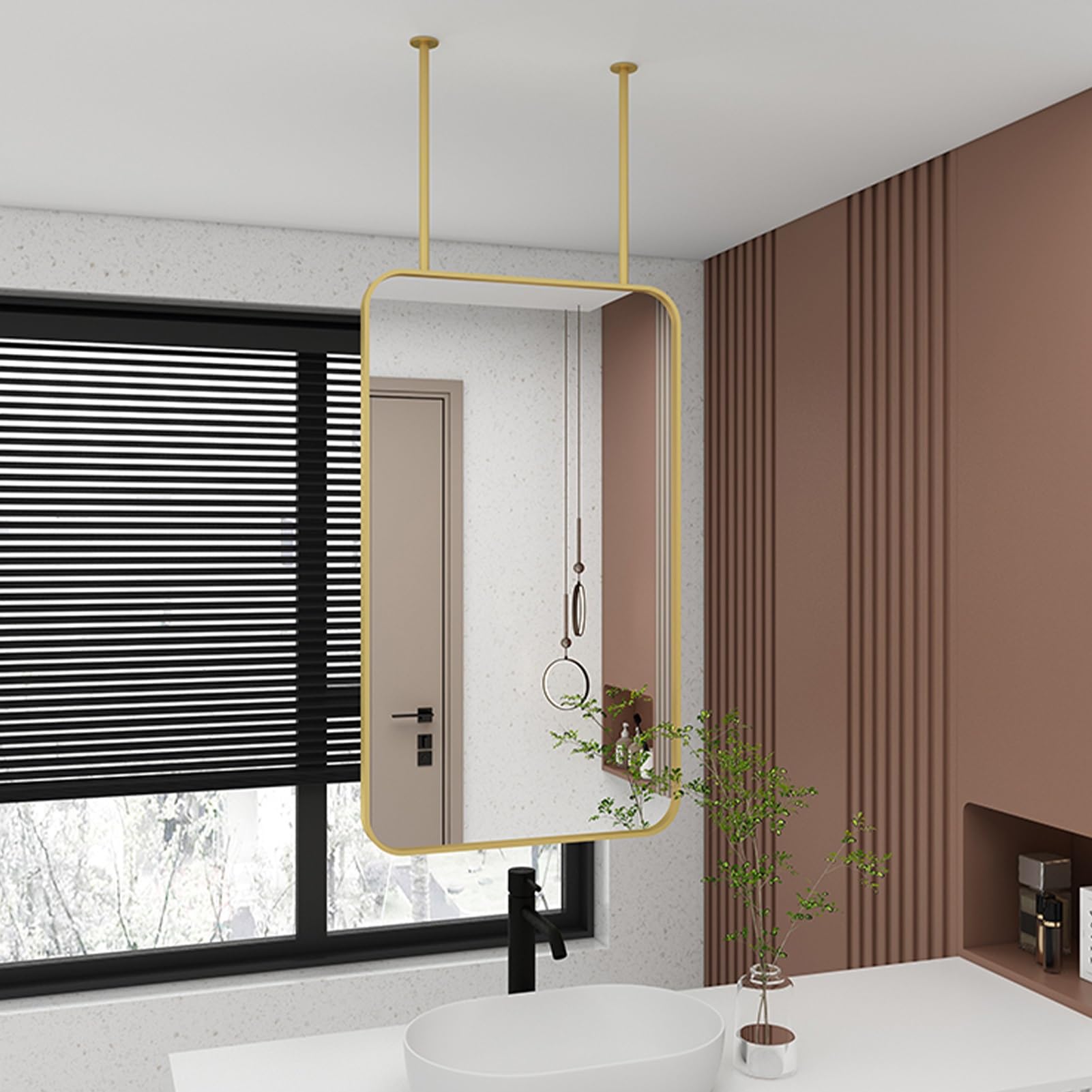 FGXHHS Bathroom Vanity Makeup Mirror, Gold Rectangular Ceiling Mounted Mirror with Hanging Metal Rod Decorative Simple Floating Suspended Vertical Mirrors(40cmx60cm)