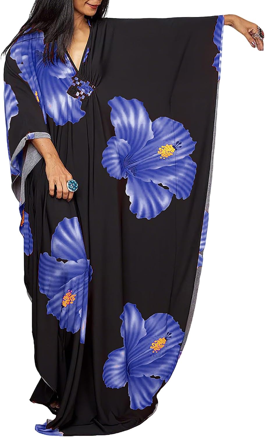 Bsubseach Moo Moos Kaftan Dresses for Women Floral Print Plus Size Swimsuit Coverup Caftan Maxi Beach Dress with Pockets