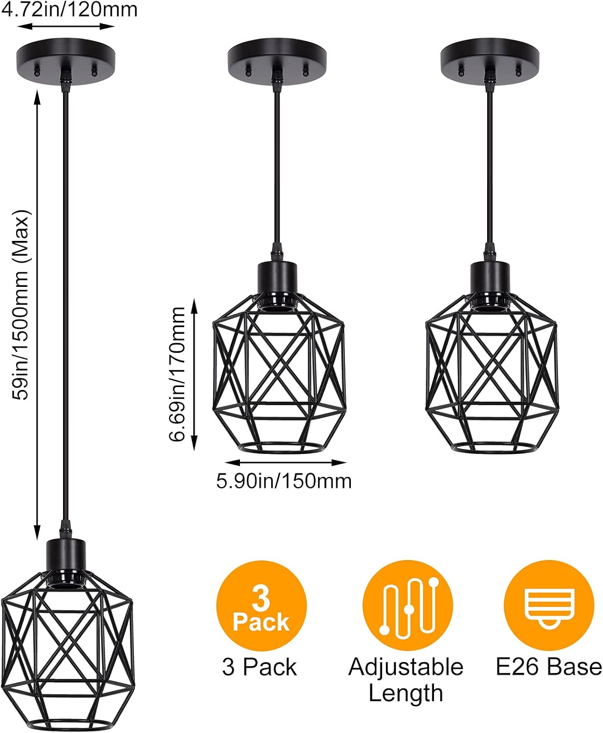 Industrial Pendant Lighting 3 Pack, Adjustable Hanging Light Fixtures with Geometric Metal Shade and Black Finish, Farmhouse Pendant Light with E26 Base for Kitchen Island, Living Room, Bar, Hallway