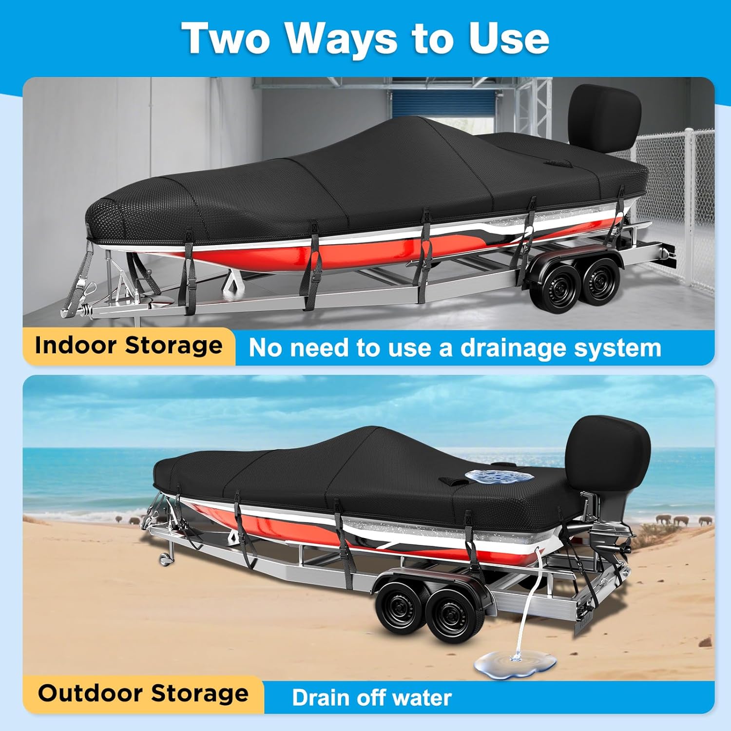 Boat Cover 20-22ft,1200D Bass Boat Cover,Marine Grade Trailerable Cover, Waterproof Boat Covers with Motor Cover,Fit 20 21 22ft Foot V-Hull,Fishing,Runabout Bowrider Boat,Black