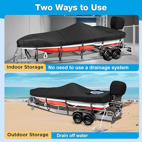 Miniatura 9 de Funda para lancha con kit de drenaje rápido, 1200D resistente al viento con cubierta de motor, revestimiento impermeable de 2 capas cubierta