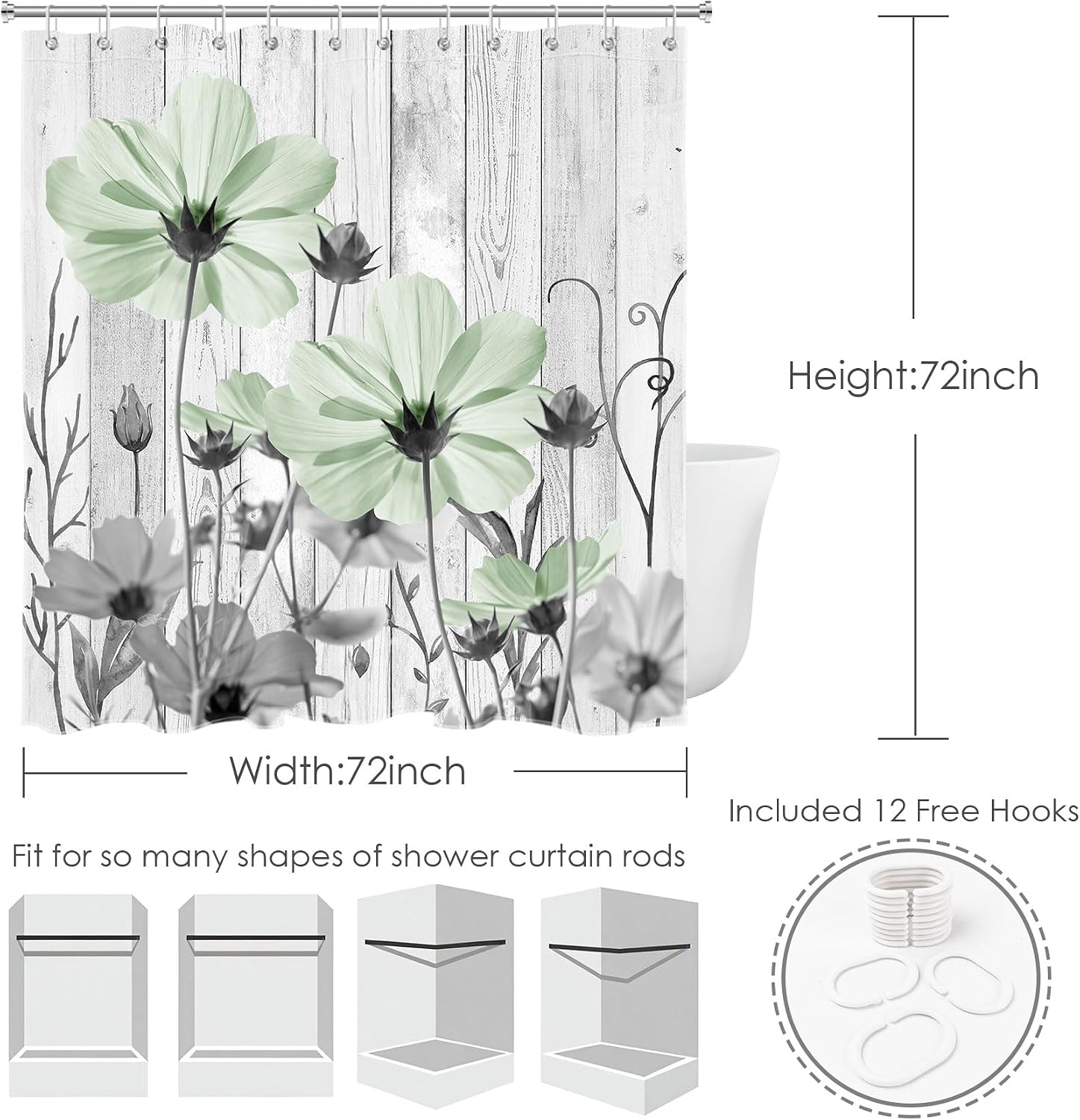 Sage Green Floral Shower Curtain, Green and Grey Design, 72x72 Inch