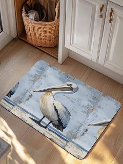Ocean Pelican Doormat Bath Mat Quick Dry Non Slip Rug with Rubber Summer Coastal Birds Modern Painted Water Absorbing Mat for Bathroom Kitchen Front Door Laundry Room 24" x 16"