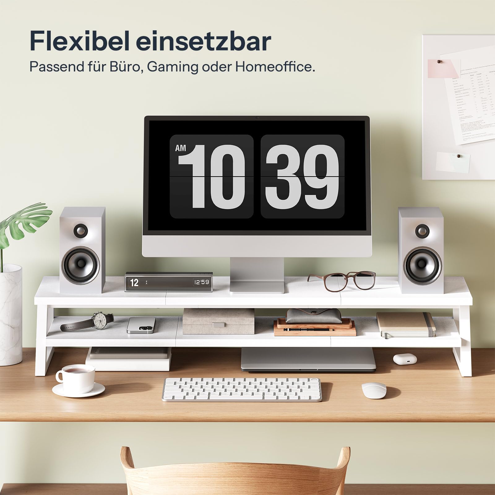 HOOBRO 2-stufiger Monitorständer Holzfür 2 Monitore, 100 x 24 x 19,5 cm, Dual Monitor Ständer, Bildschirmerhöhung, Monitor Erhöhung, Schreibtischregal für Büro und Heimarbeit,Weiß EWW122CJ01