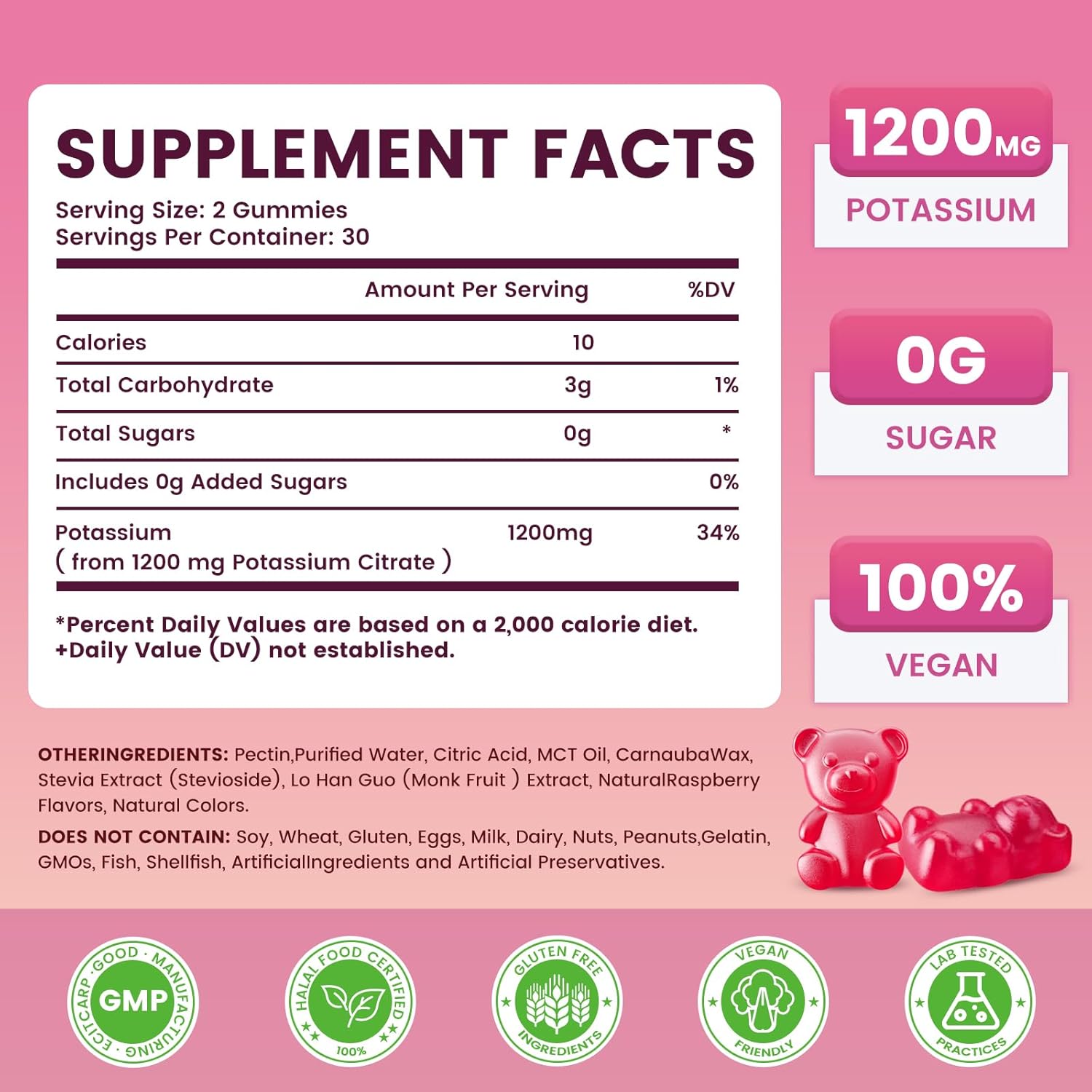 Potassium Citrate Gummies 1200mg, Sugar-Free Potassium Supplement for Adults Women & Men, Supports Leg Cramps & Muscle & Heart Health, Vegan, Gluten Free - Raspberry Flavor (120 Count) - Image 2