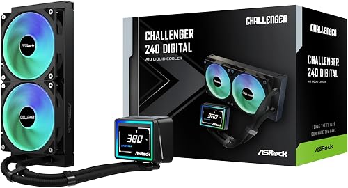 ASRock Challenger 240 Digital All-in-One Liquid Raffreddatore CPU, Radiatore 240 mm, Display Digitale Intelligente 7,6 cm, Illuminazione ARGB, Modalità 0 dB, Garanzia 6 anni