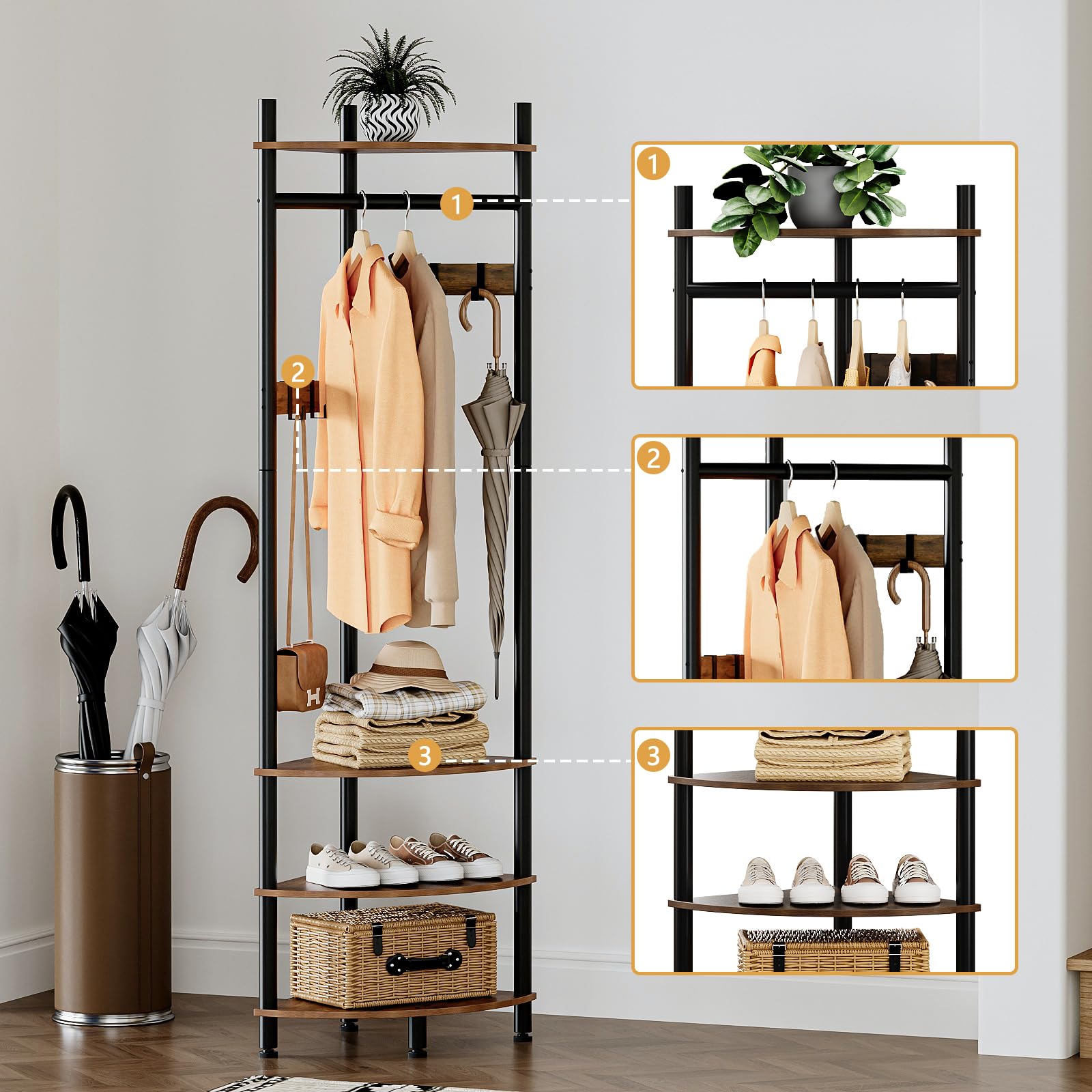 VEDECASA Appendiabiti ad albero ad angolo con ripiani a 4 livelli e panca per scarpe, autoportante, ad angolo, con 6 ganci mobili, organizer industriale in legno, marrone