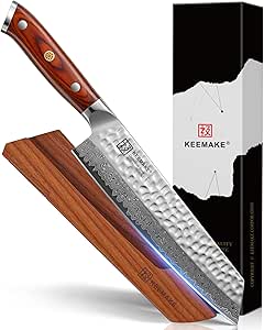 KEEMAKE 8 Inch Damascus Kiritsuke Chef Knife with Pakkawood Handle and Ash Sheath