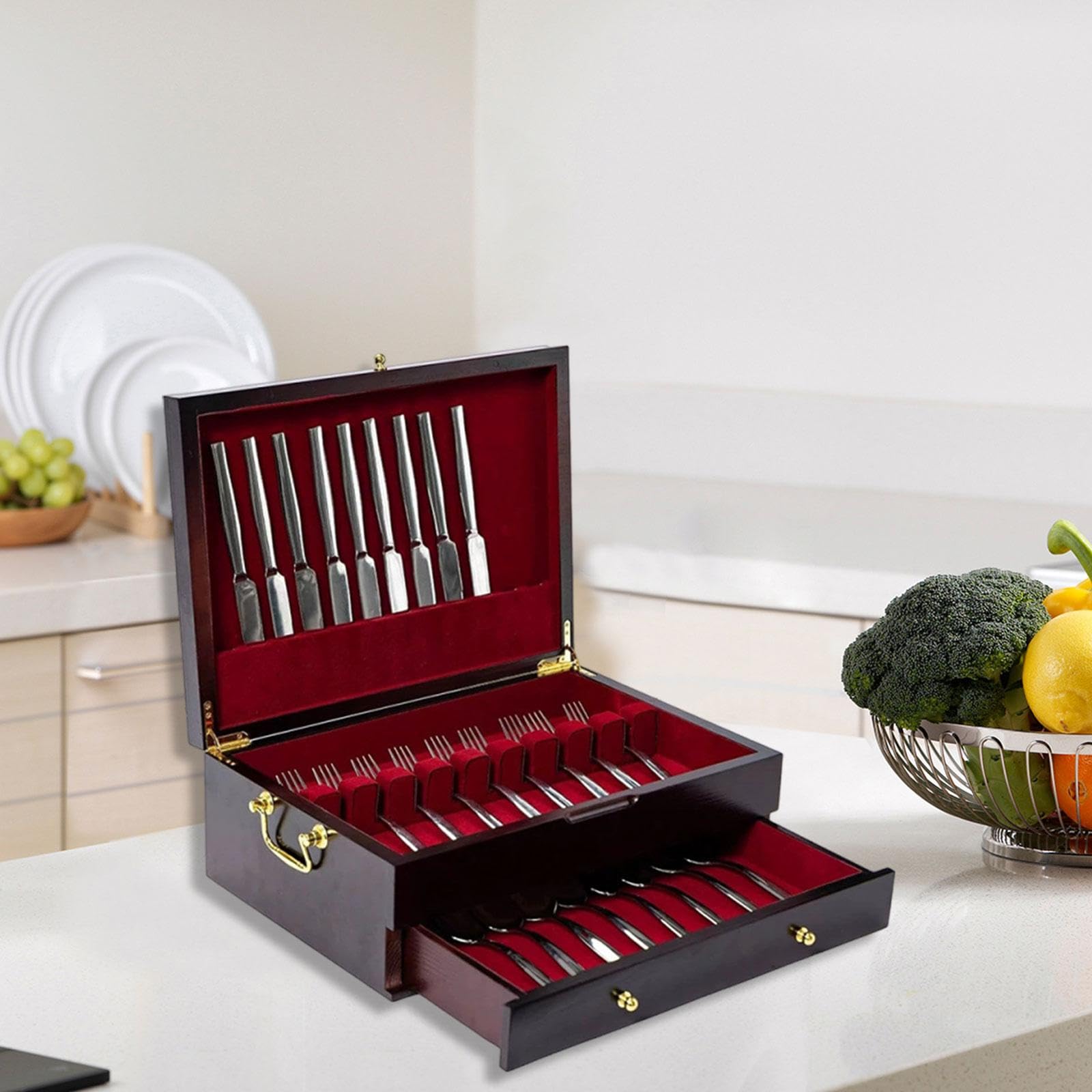 Scatola Porta Posate in Legno, Organizer per Stoviglie con Coperchio Ribaltabile.