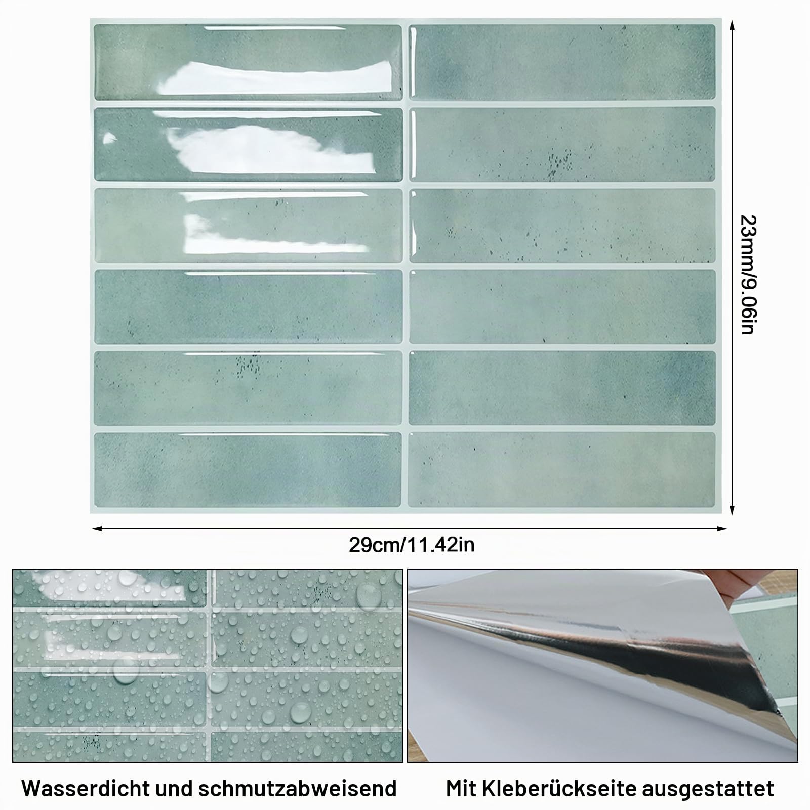 Peel and Stick Aufkleber für Fliesen,10 Stück 29x23cm Fliesenaufkleber Selbstklebend Klebefliesen Flisenkleibenfolien Wasserdicht Wandaufkleber für Küche, Bad, Wand Dekoration (Hellgrün)