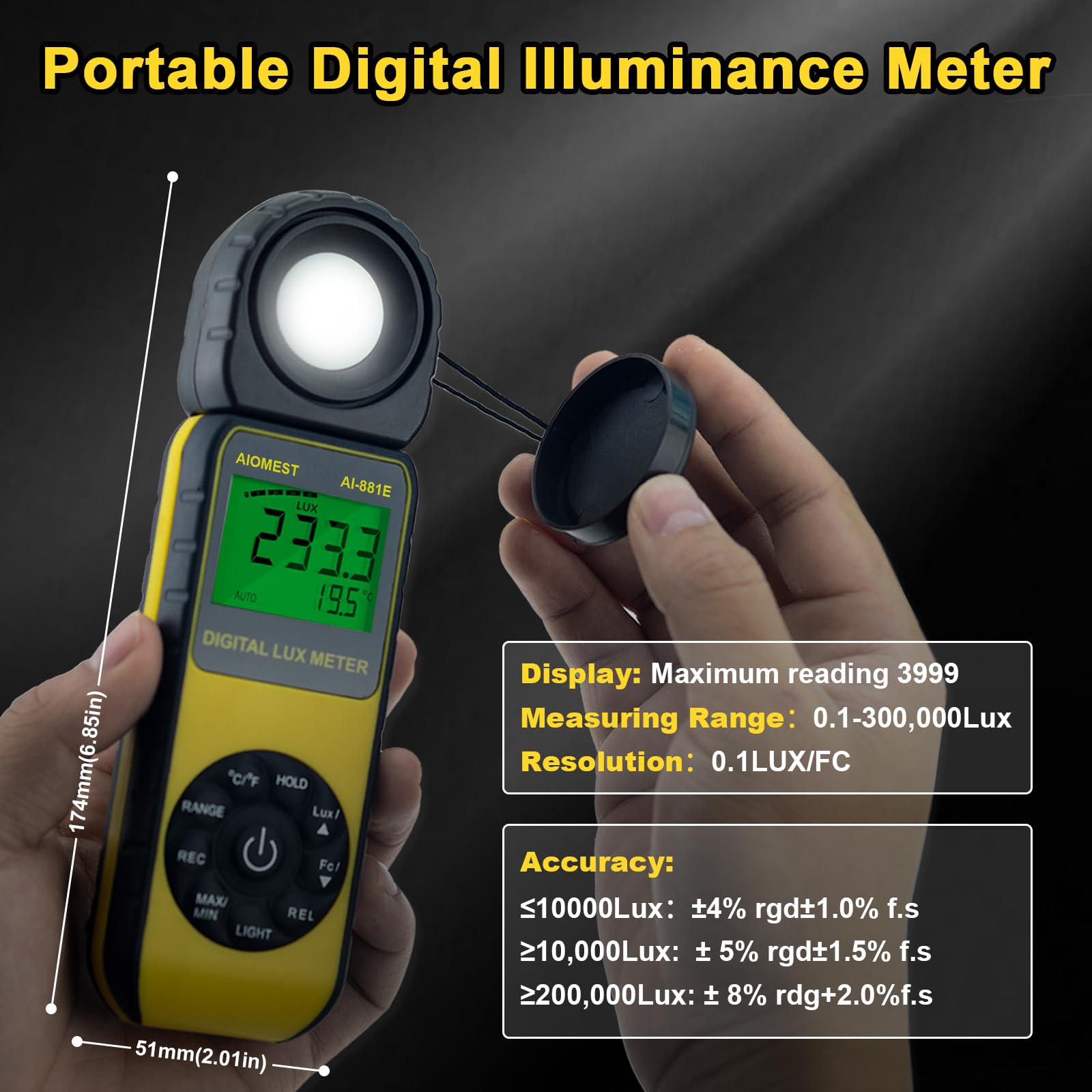 Digital Luxmeter Lichtmesser, AIOMEST Handheld Lichtmessgerät Datenlogger Messen Lichtstärke 0.1~300.000 Lux & Temperatur, Drehbar Light Sensor, Lichtmessungen Messgerät Lumen AI-881E