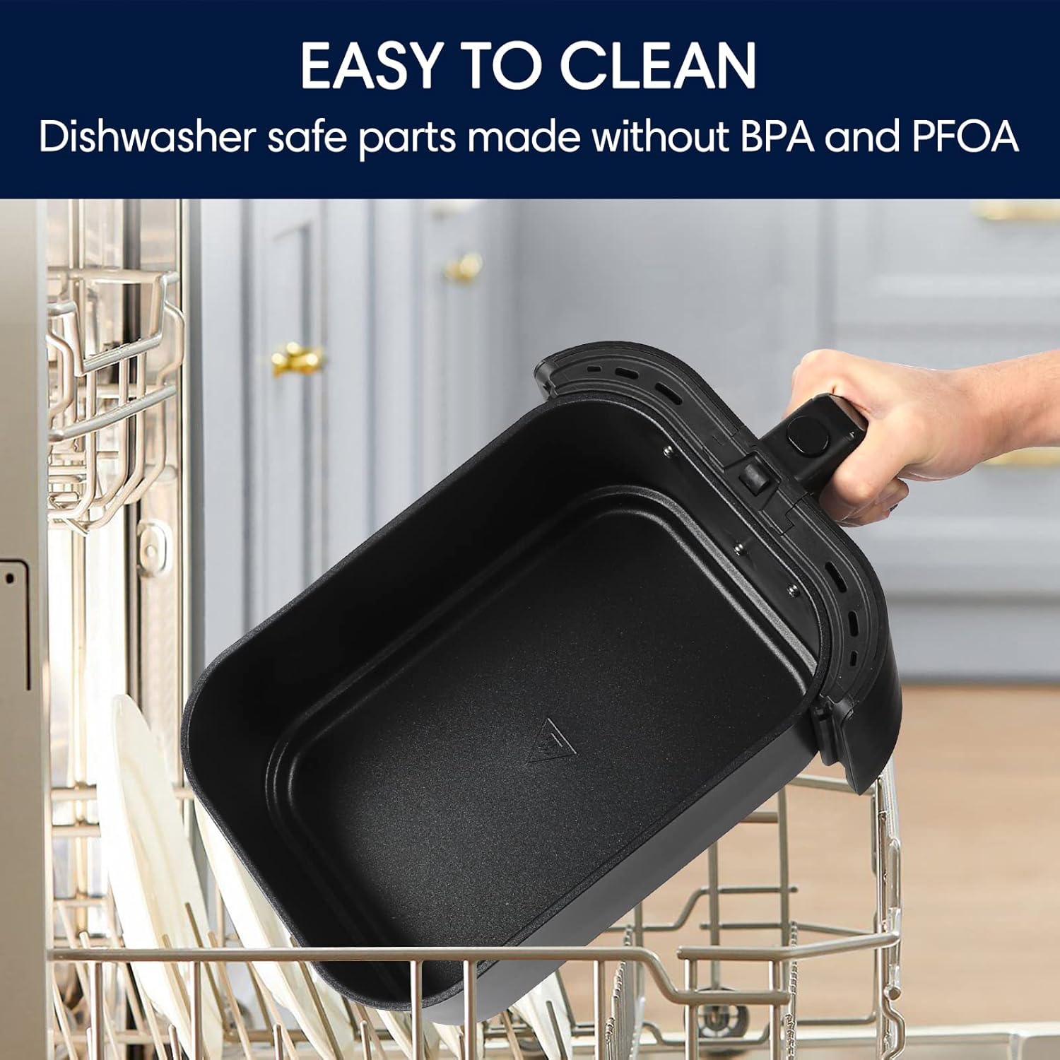 Sincreative Air Fryer basket being placed into a dishwasher.