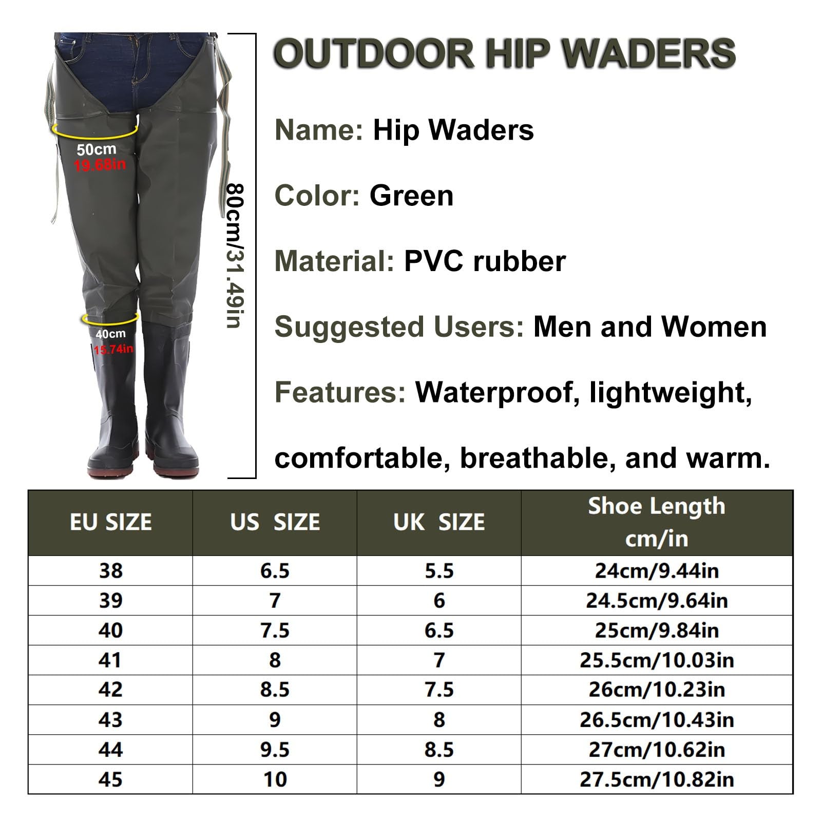 Waders Cuissardes De Hanche pour Hommes Et Femmes, BootfootWader De Pêche Isolé Et Imperméable, Bottes De Pataugeoire avec Semelle Extérieure À Crampons(42 EU)