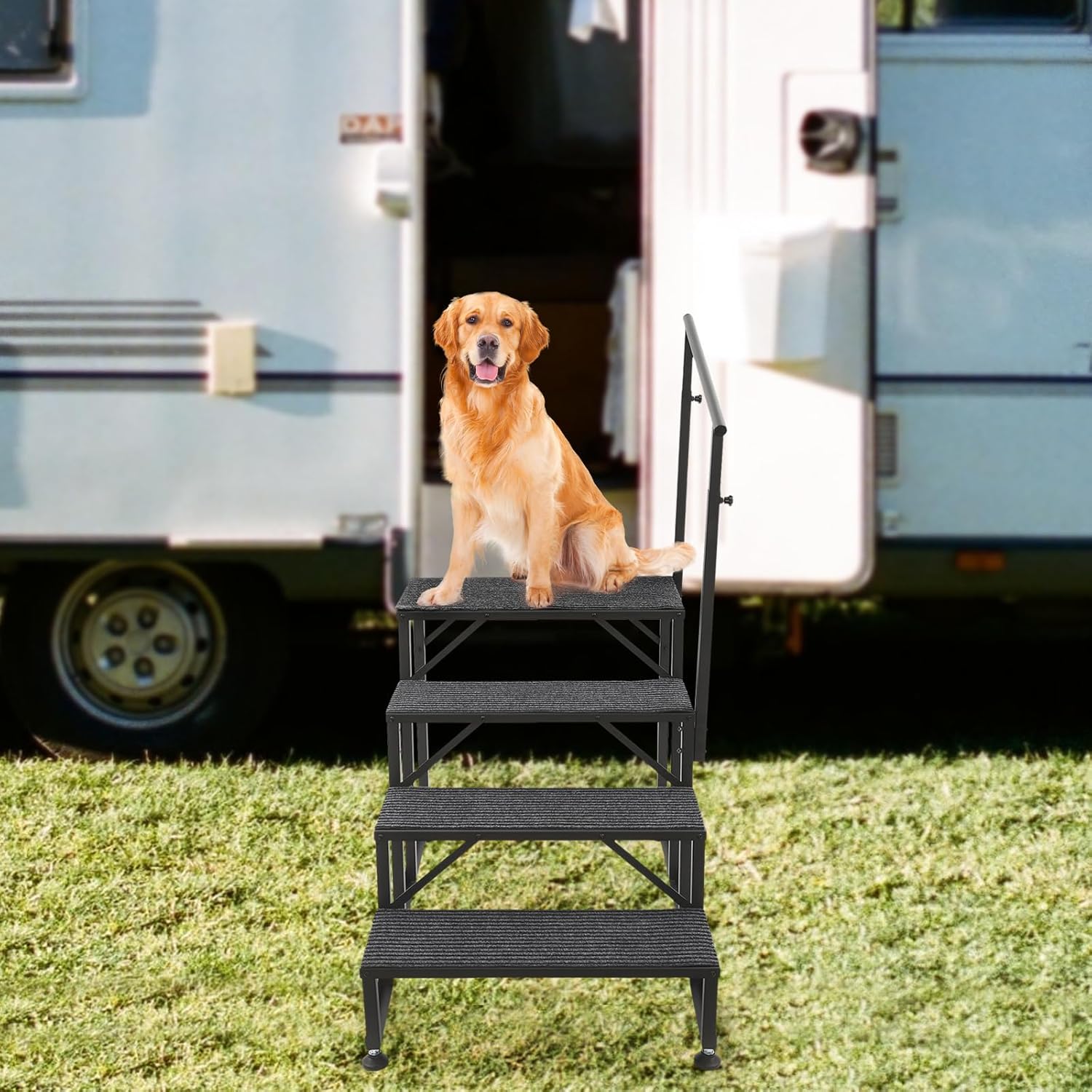 RV Steps with Handrail, 4 Steps Mobile Home Stairs Steps Portable Pool Ladder 450 LBS Load Capacity, Quick Eases Boarding and Exiting for Travel Trailers, Camper, Hot Tub, Pool and Porch