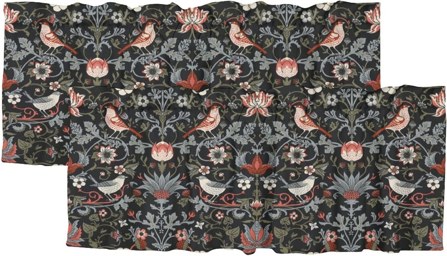 Rustic William Morris Art Print Rod Pocket Valance Curtains,Vintage Gothic Forest Boho Floral Bird Window Treatments Valances for Kitchen Living 54x18inch（2Pcs）