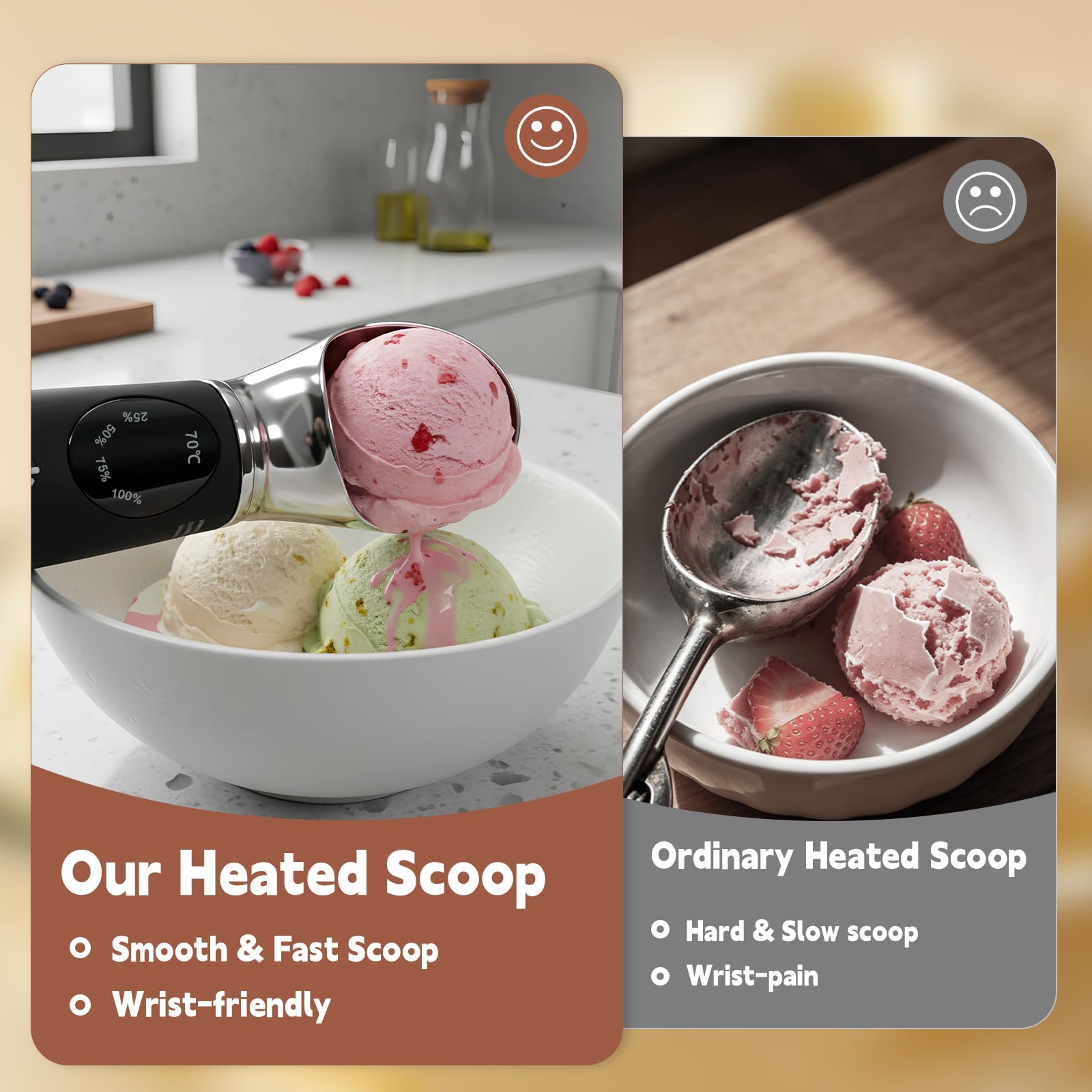 Yizhet Beheizter Eisportionierer Edelstahl Heizbarer Eislöffel mit 4 Temperaturstufen 40/50/60/70 ℃, Wiederaufladbar, 2500mAh LED-Display Selbstheizende Eiskugelzange für Hartes Eis Gelato, Schwarz
