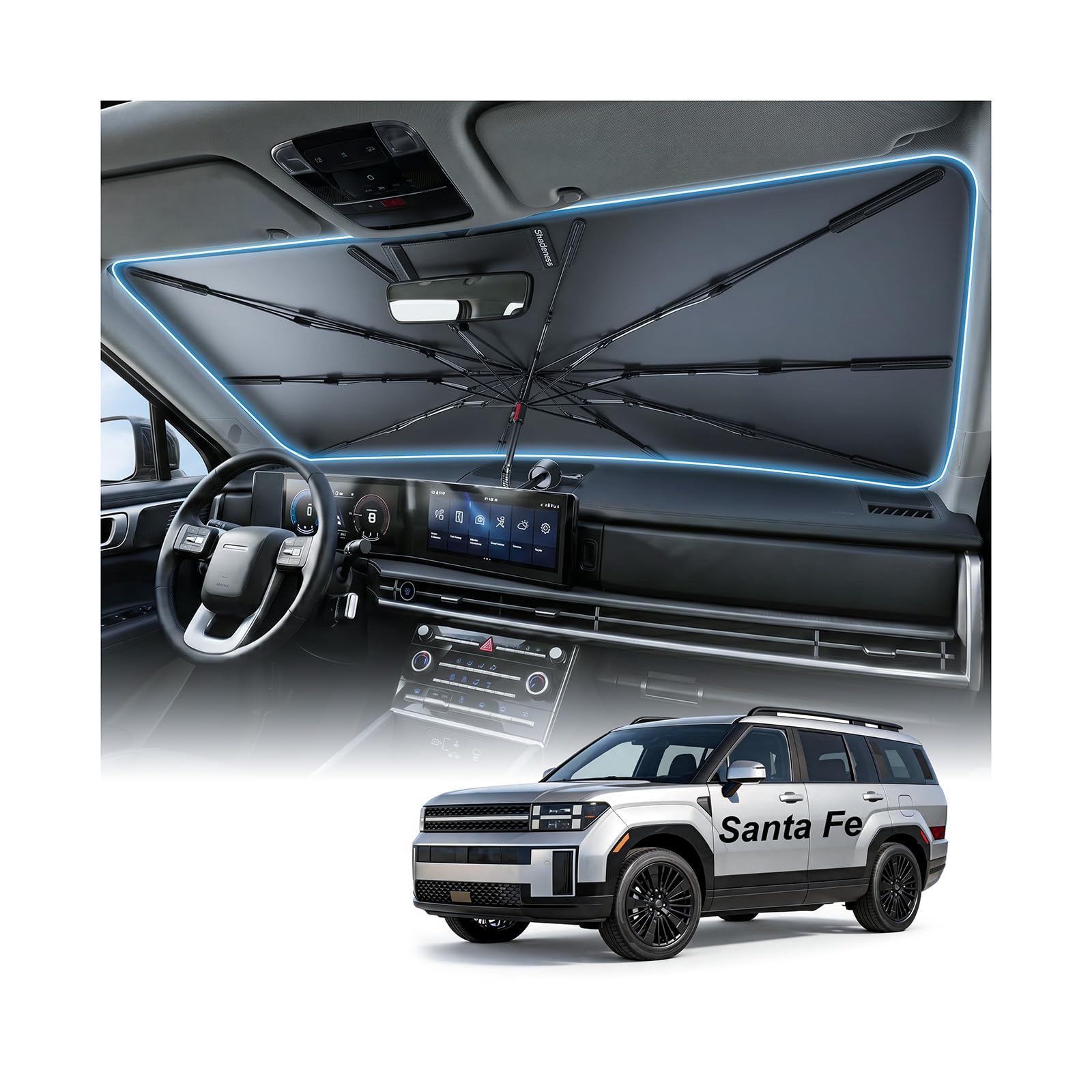 2026 Upgraded Windshield Sun Shade Umbrella for Hyundai Santa Fe [Precision Custom Fit, Superior UV & Heat Block] Cooling Tech Fabric, Durable Foldable with Storage Bag, Fits 2001-2026