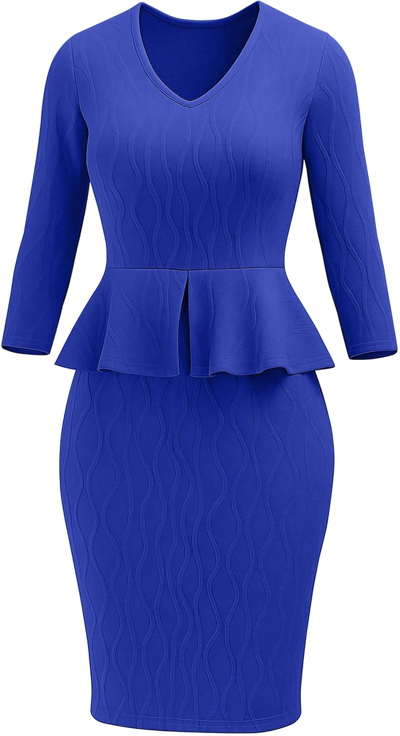 Runwind Peplum Dress for Women V Neck 3/4 Sleeve Wear to Work Church Dresses Elegant Knit Pencil Dresses Royal Blue 2XL - Image 4
