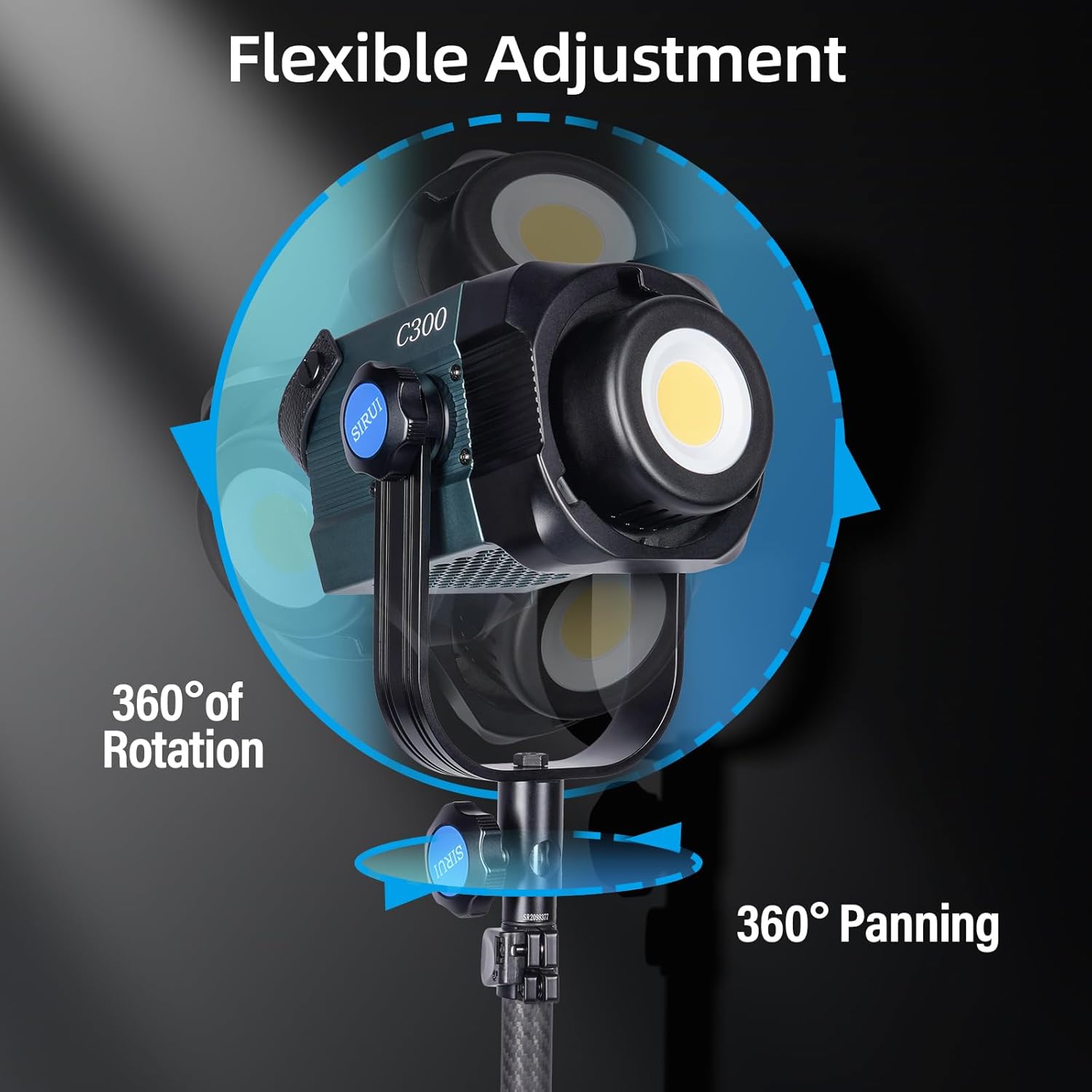 SIRUI C300 LED light demonstrating 360-degree rotation and panning capabilities.