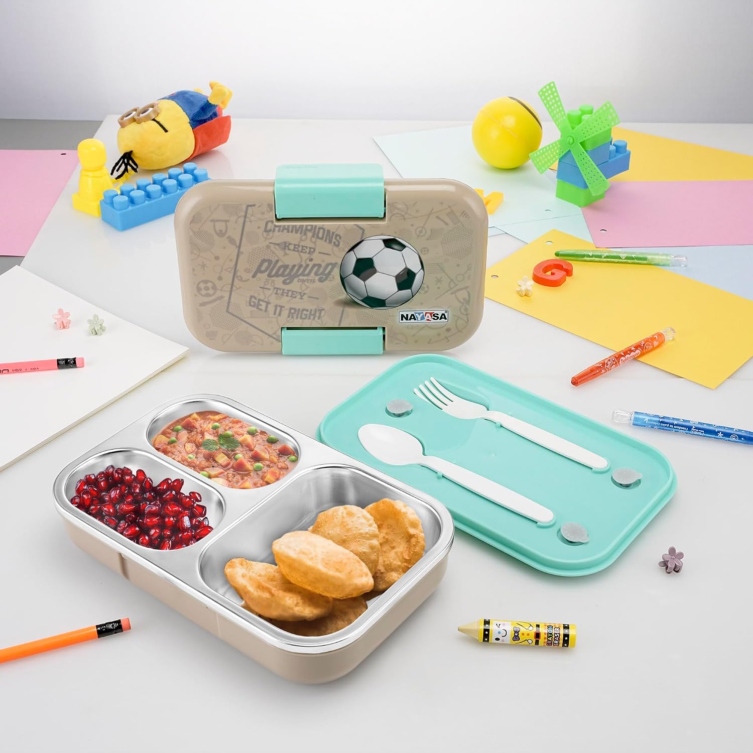 Nayasa Marco 3 Compartment Stainless Steel Insulated Lunch Box for Kids Boys | Football Champion Print | Vacuum Sealed Lea...