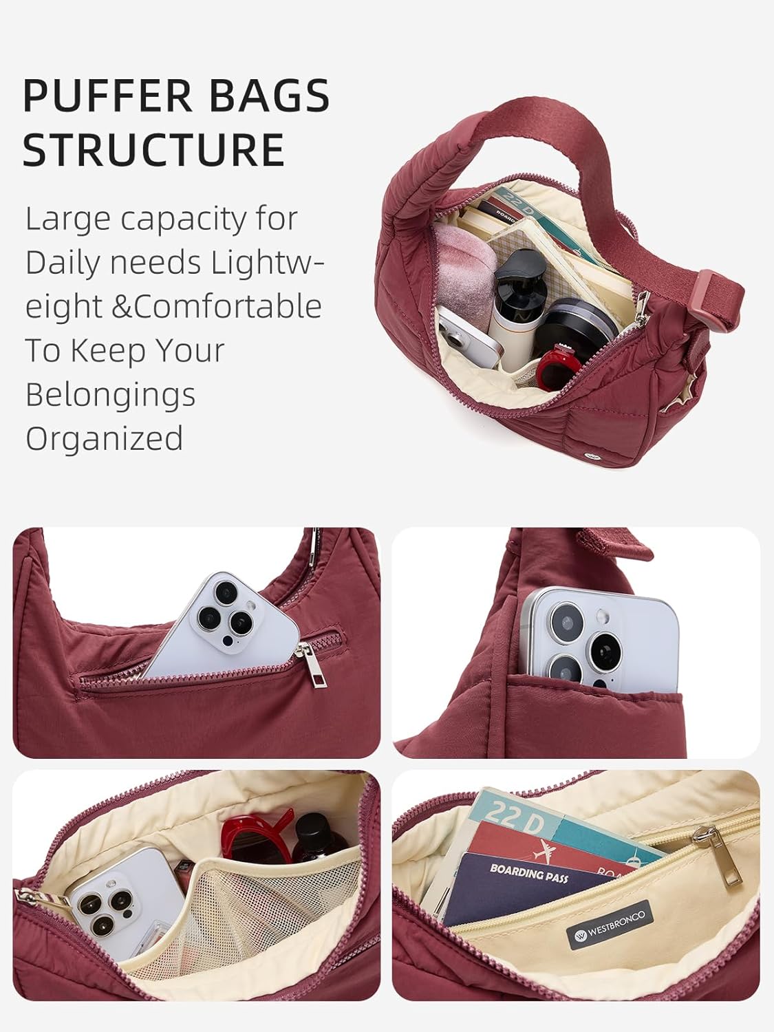 WESTBRONCO Small Puffer Crescent Shoulder Bag for Women, Nylon Quilted Shoulder Purses, Puffy Handbags with Adjustable Strap - Image 4