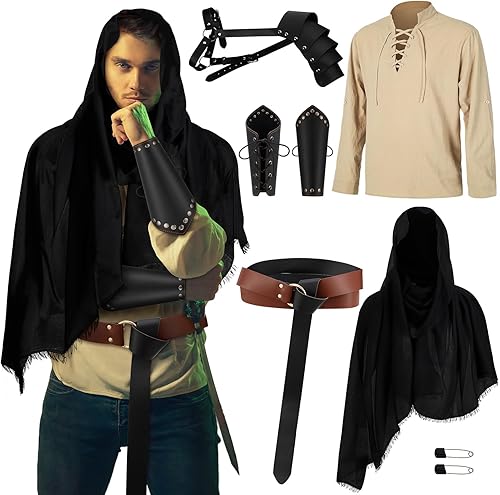 Juego de 5 piezas de disfraz renacentista medieval para hombre, camisa de pirata vikingo, chal vikingo, accesorios de Halloween, cosplay
