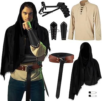 Leumoi 5 Pcs Mens Renaissance Faire Costume Set Halloween Medieval Costume Pirate Shirt Viking Belt Shawl Accessories