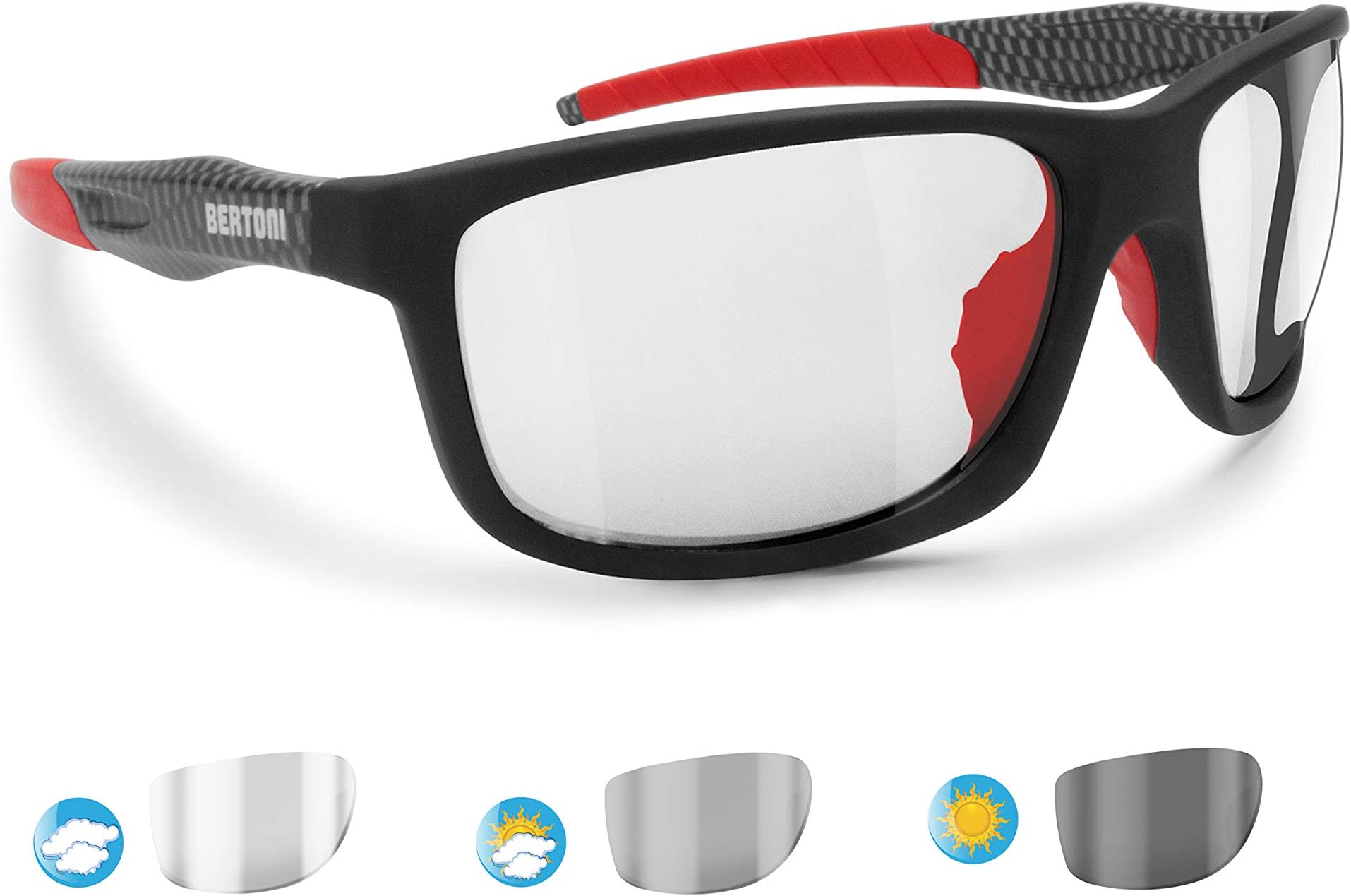 BertoniSports Photochromic Sunglasses for Running Ski Motorcycle Golf Cycling - ALIEN Italy Photochromatic