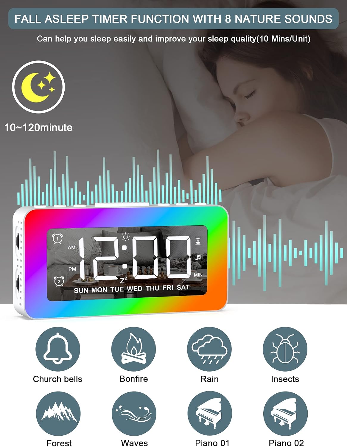 Alarm Clock for Kids, Umedo Digital Alarm Clock with 8 Mode RGB Night Light, Mirrored Clock with Dual Alarm, Weekday/Weekend, USB Port, White Noise Sleep Helper, Dimmer, Volume Adjustable - Light Blue