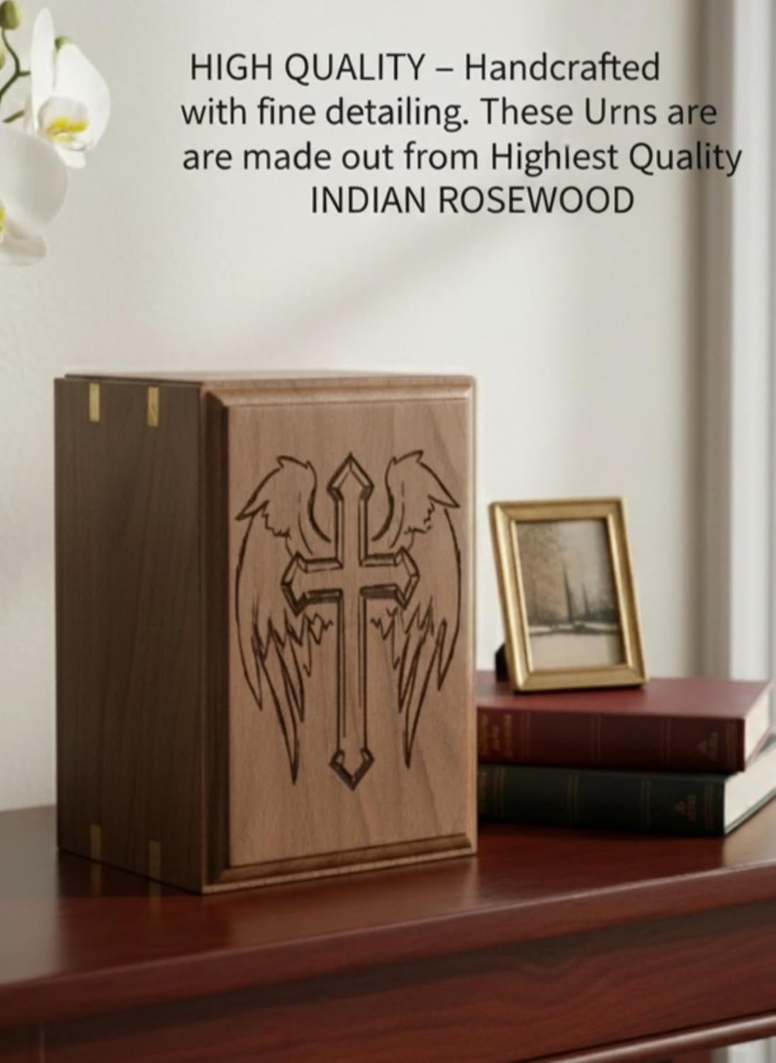 Wooden Urn for Human Ashes-Cross with Angel Wings Engraved-Wooden Urns Handcrafted Funeral Cremation Urn for Ashes Rosewood Decorative urn-Keepsake Cremation urn Box
