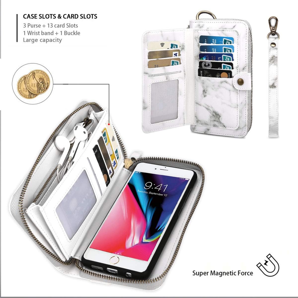 Petocase Compatible iPhone SE 2020/8/7 Wallet Case, Multi-Function Zipper Purse with Detachable Magnetic Back Cover Wristlets 13 Card Slots & 4 Cash Pocket for Apple iPhone 8/7/6s/6 White Marble