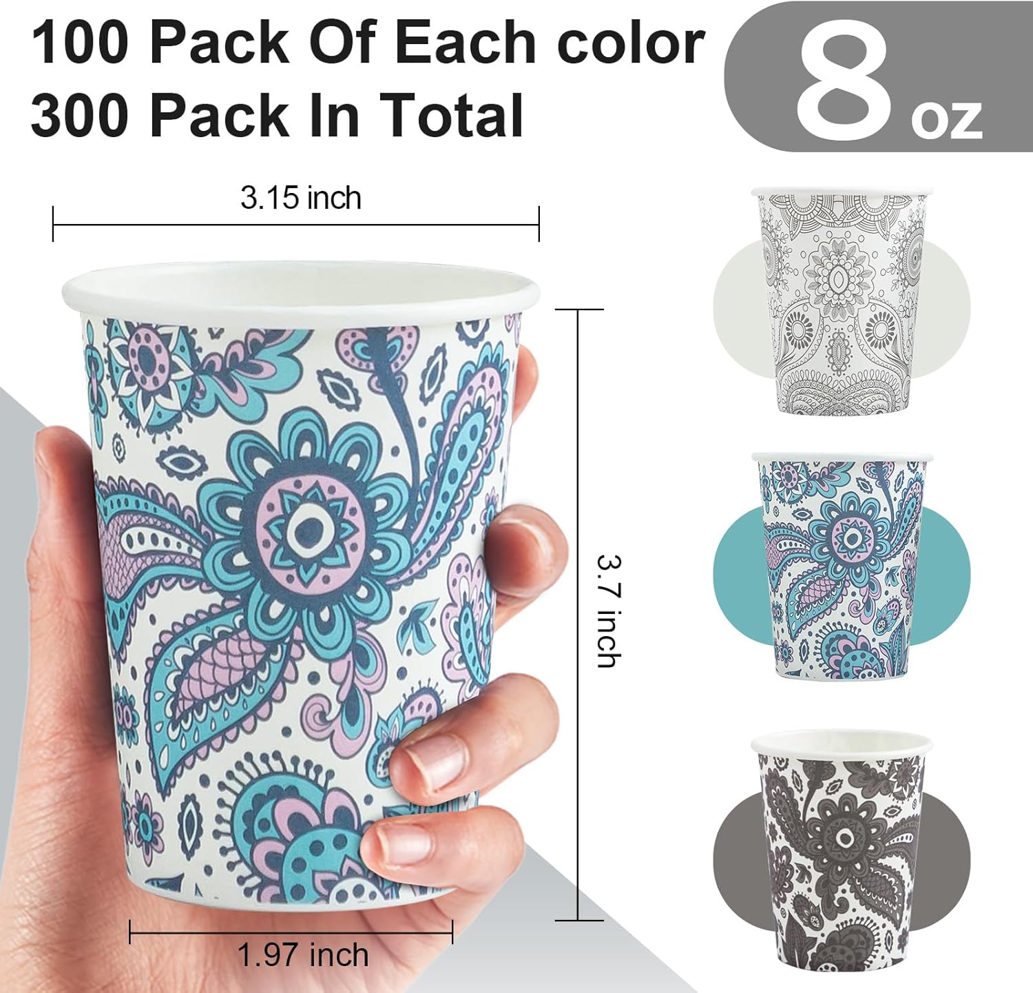 [300 Pack 8 OZ Paper Cups, Disposable Coffee Cups 8 oz Hot/Cold Colourful Beverage Drinking Cups for Office Party Home Picnic (Paisley) - Image 2