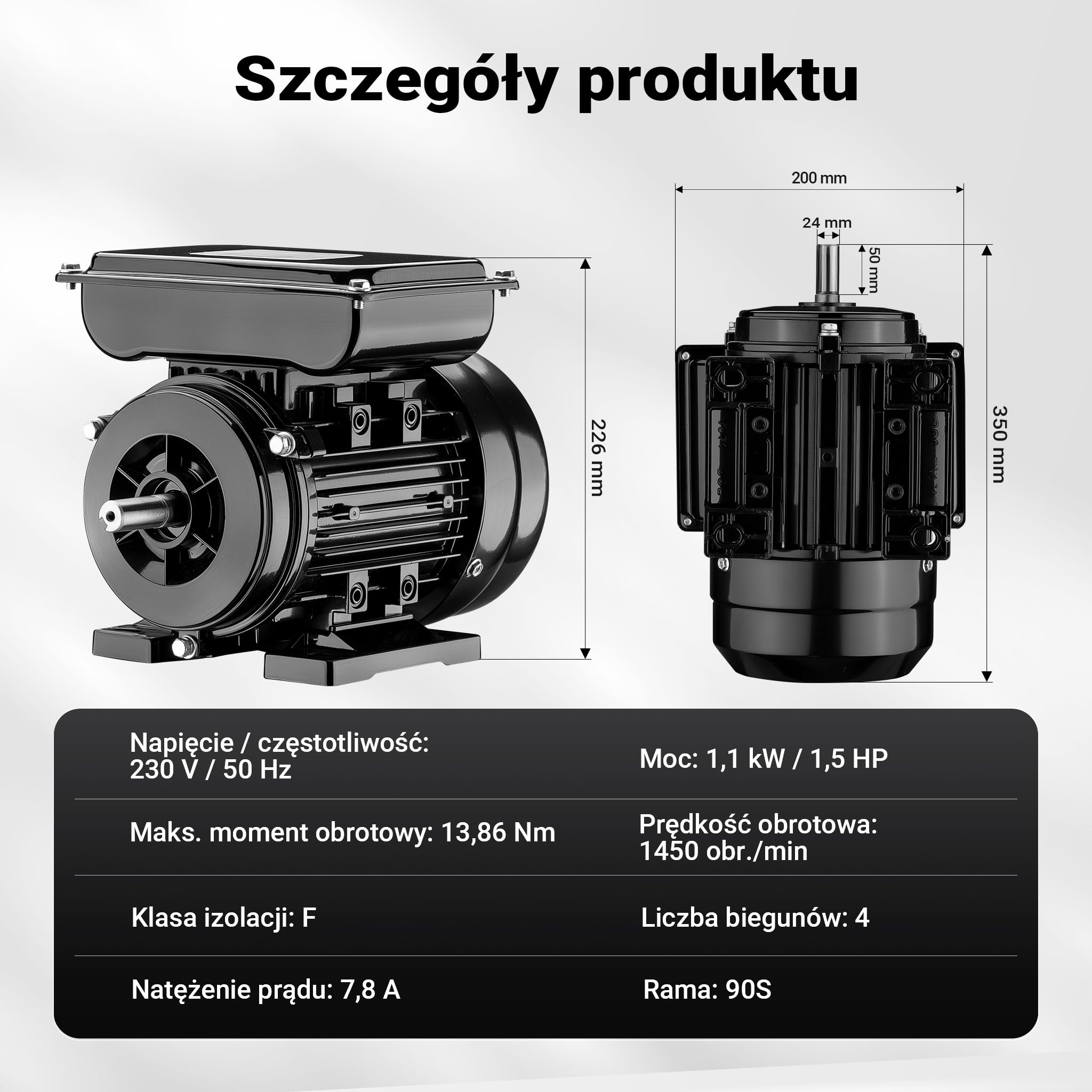 Wiltec Jednofazowy silnik elektryczny, 4-biegunowy 1,1 kW (1,5 KM), obudowa aluminiowa, silnik indukcyjny 1450 obr/min