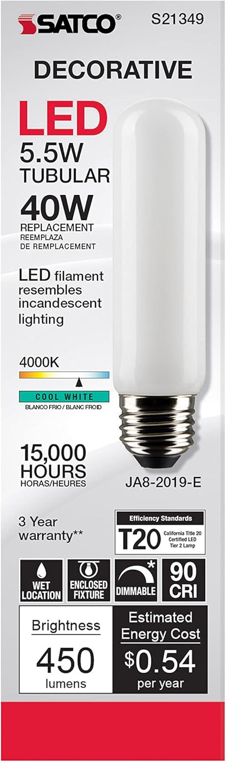 Satco 5.5-Watt LED E26 Light Bulb, 4000K, 15000 Hour Rating, Dimmable, Frost