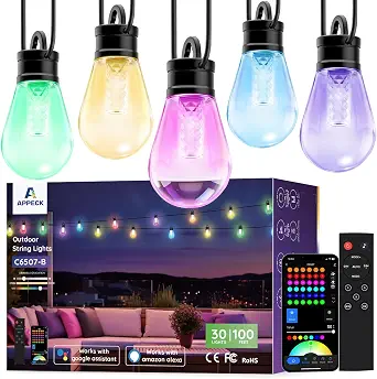 APPECK RGBW Outdoor String Lights 100ft, Smart Patio Light with 30 LED Bulbs