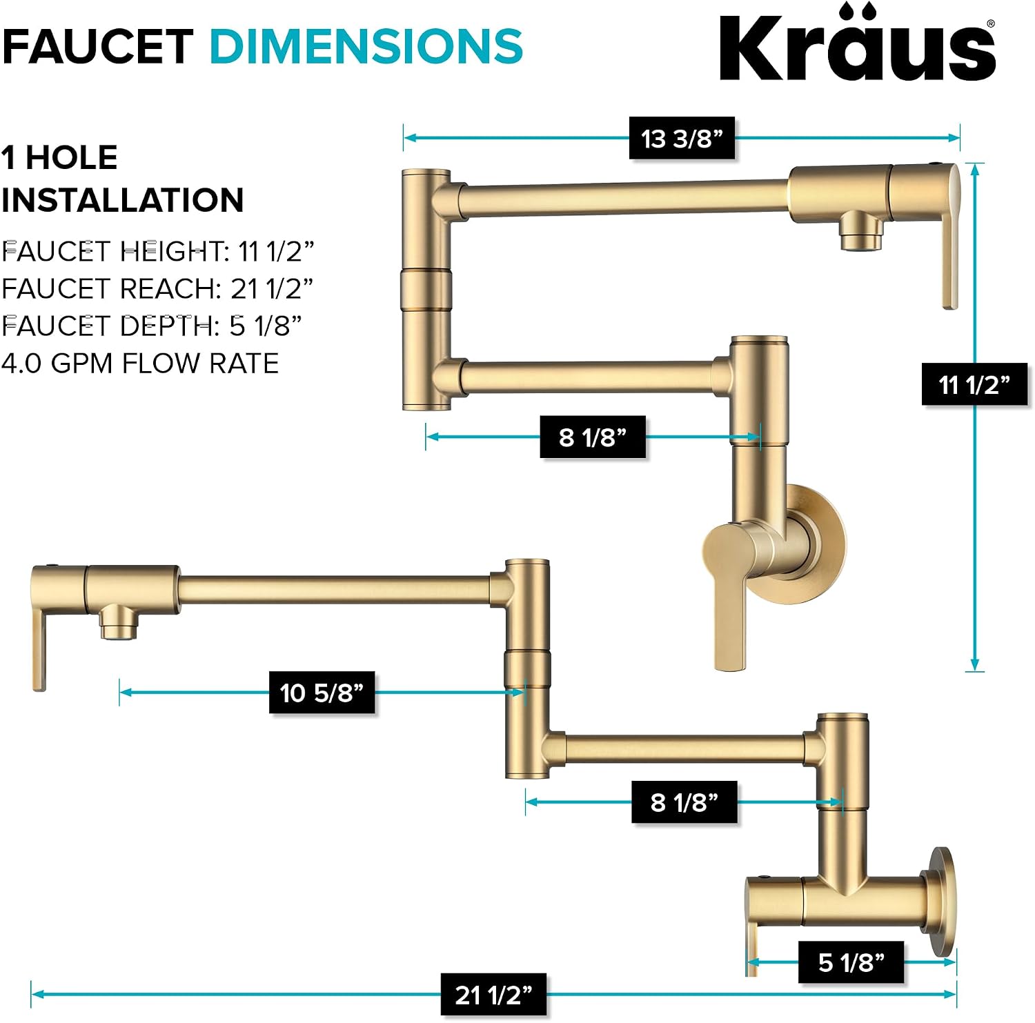KRAUS Oletto Pot Filler Faucet with Retractable Arm, Wall Mount Kitchen Faucet, Pot Filler for Stove in Spot-Free Brushed Brass, KPF-5001SFBB